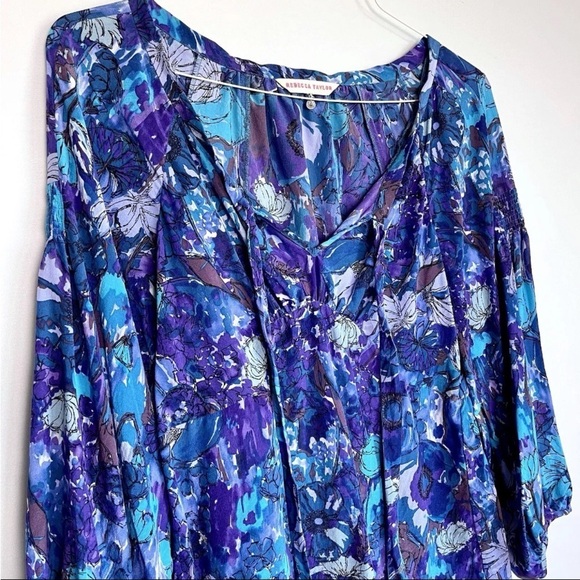 Rebecca Taylor Sz 6 Silk Top Blouse Abstract Floral Boho 3/4 Sleeve Peasant - Picture 4 of 16